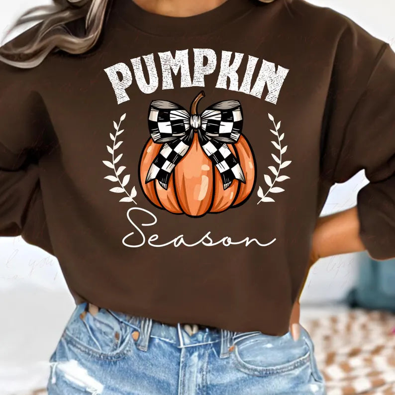Pumpkin Season Checkered Crewneck Sweater